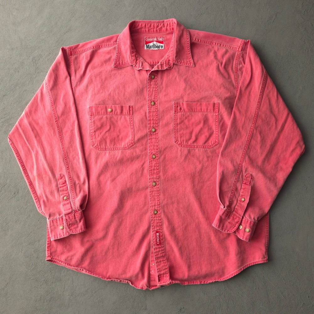 Vintage 90s Marlboro Red Long Sleeve Button Up Shirt XL Faded Made in USA